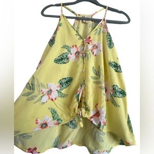 Yellow button down floral tie up tank top.